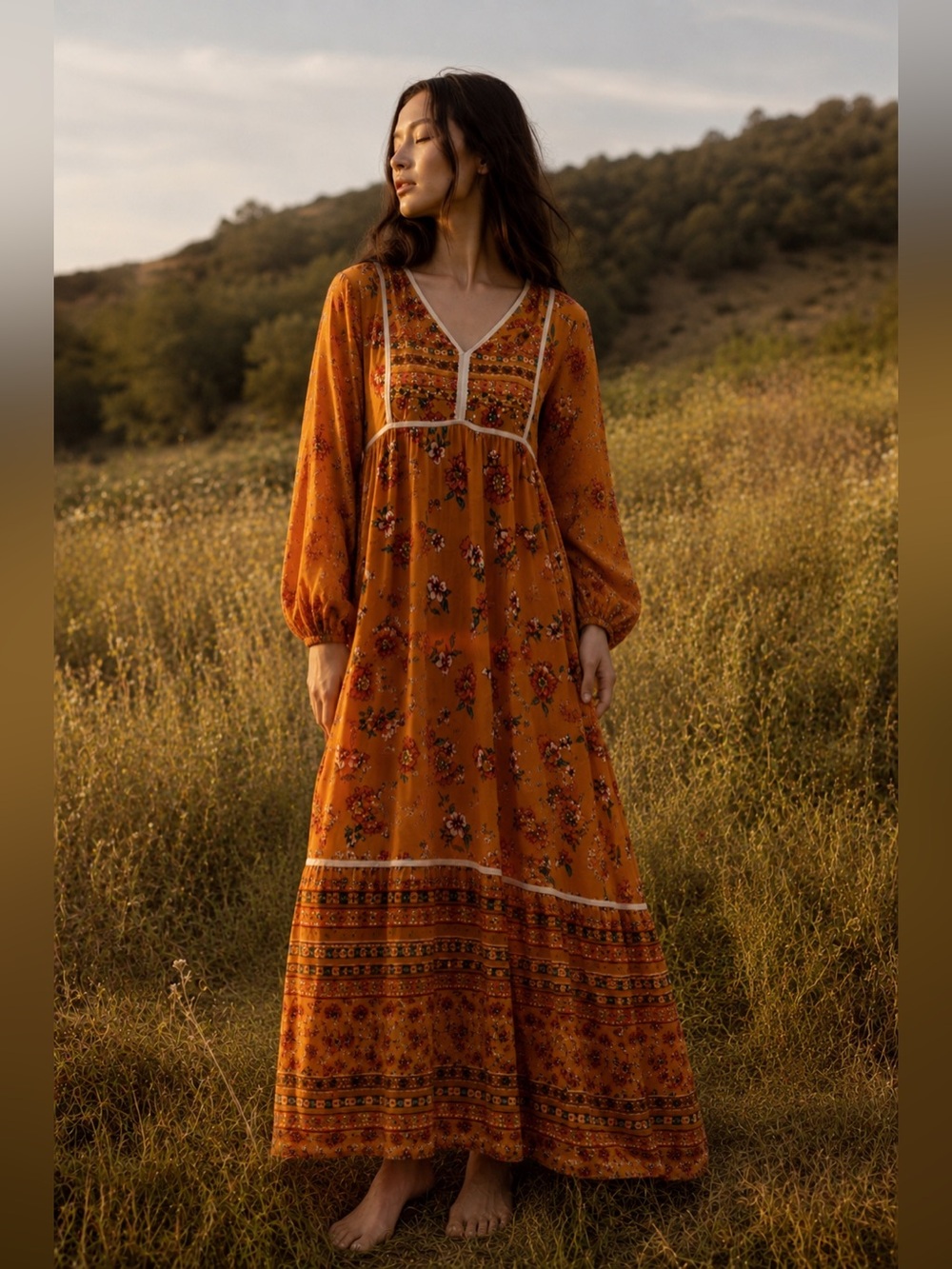 Catch Stitch Vintage-Inspired Bohemian Floral V-Neck Maxi Dress - Size M - NWT